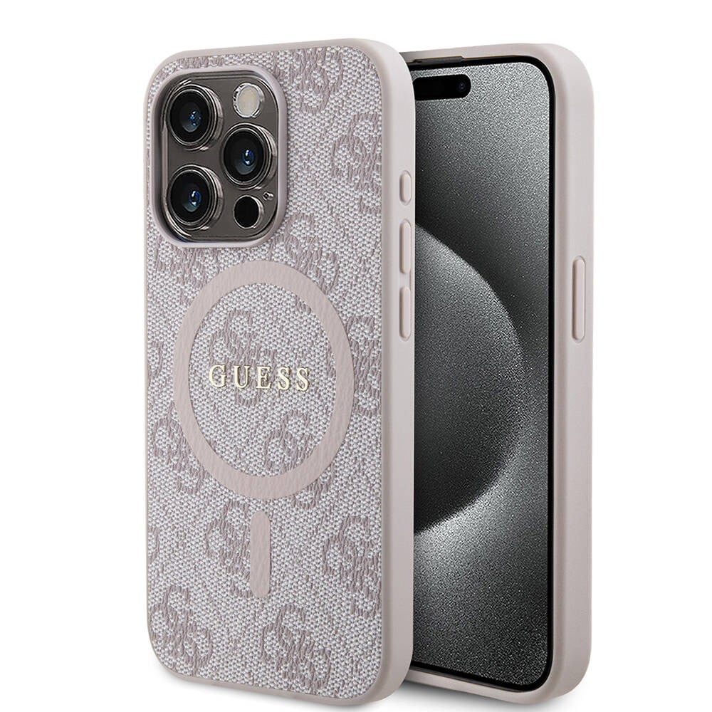 Apple iPhone 15 Pro Max Kılıf Guess Orjinal Lisanslı M-safe Şarj Özellikli PU Halkalı 4G Desenli Yazı Logolu Kapak