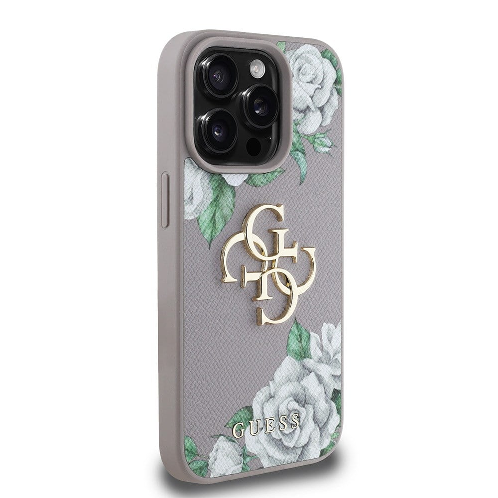 Apple iPhone 15 Pro Max Kılıf Guess Orjinal Lisanslı Gül Baskılı Büyük Metal Logo Dizaynlı Kapak