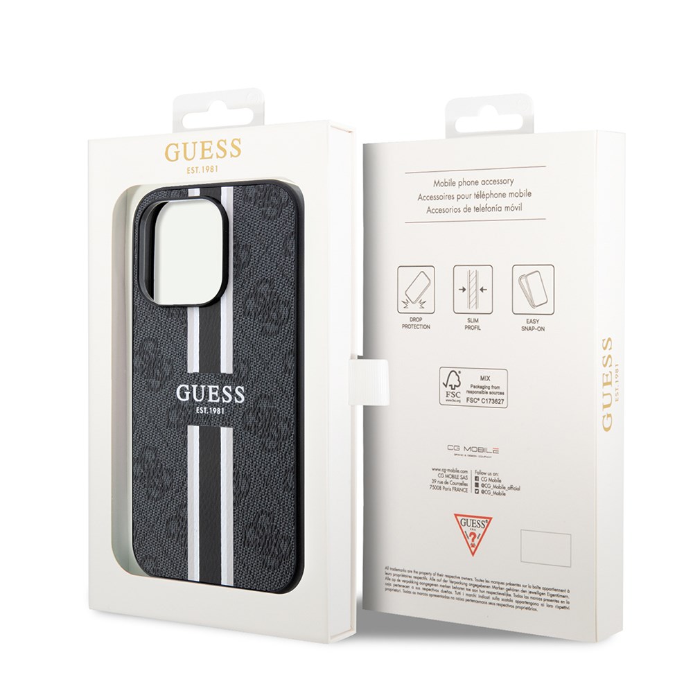 Apple iPhone 15 Pro Max Kılıf Guess Orjinal Lisanslı M-safe Şarj Özellikli 4G Şerit Tasarımlı Printed Kapak
