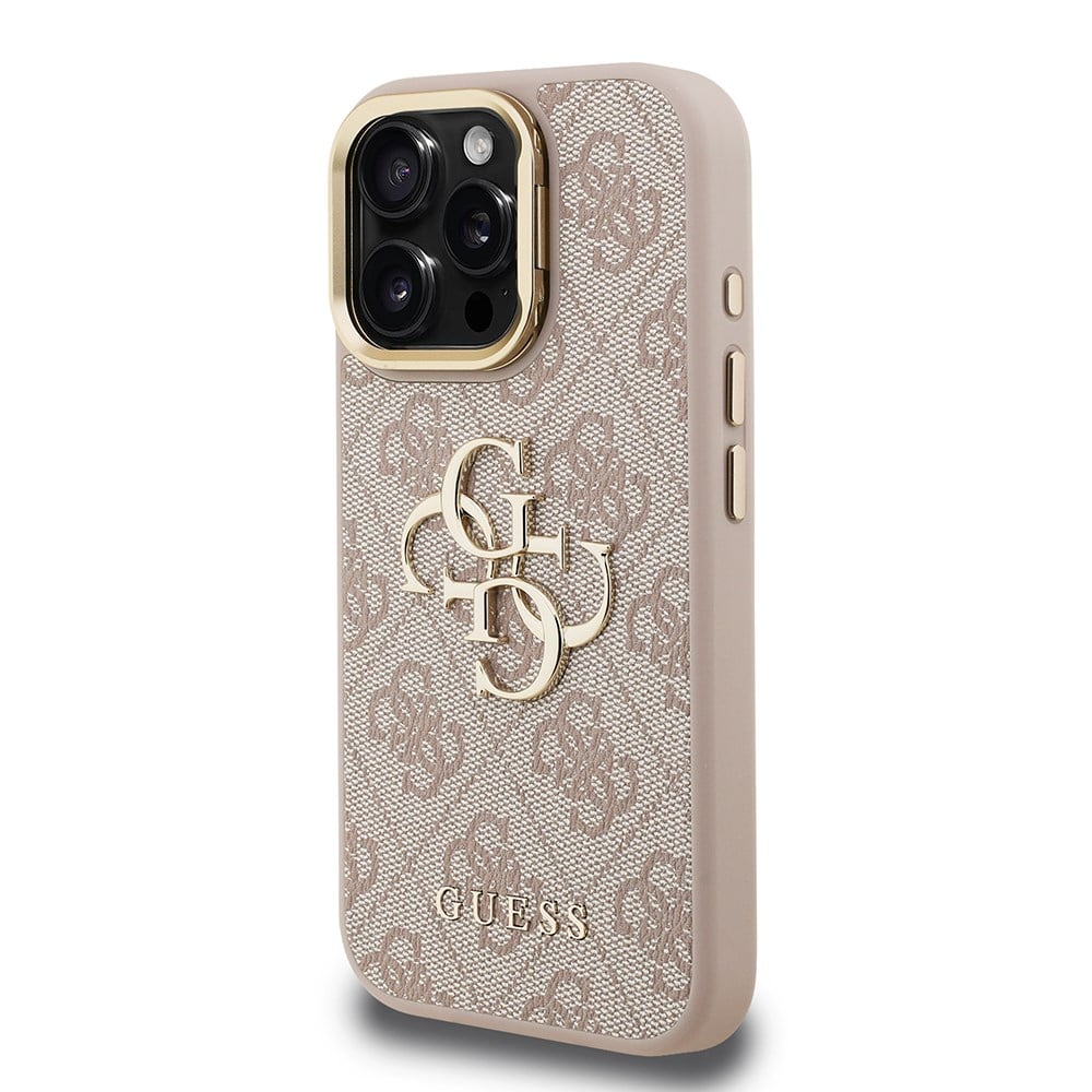 Apple iPhone 15 Pro Max Kılıf Guess Orjinal Lisanslı PU Deri 4G Desenli Metal Büyük 4G ve Yazı Logolu Kamera Standlı Kapak