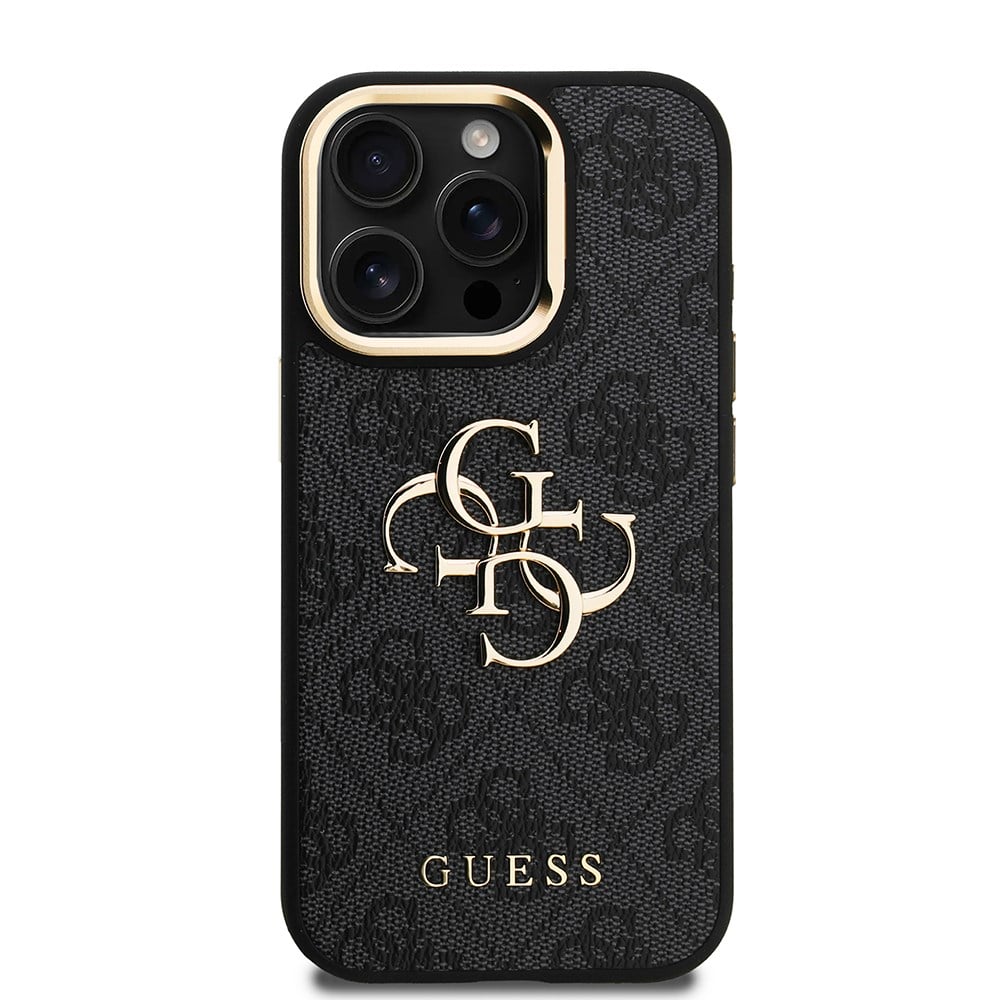 Apple iPhone 15 Pro Max Kılıf Guess Orjinal Lisanslı PU Deri 4G Desenli Metal Büyük 4G ve Yazı Logolu Kamera Standlı Kapak