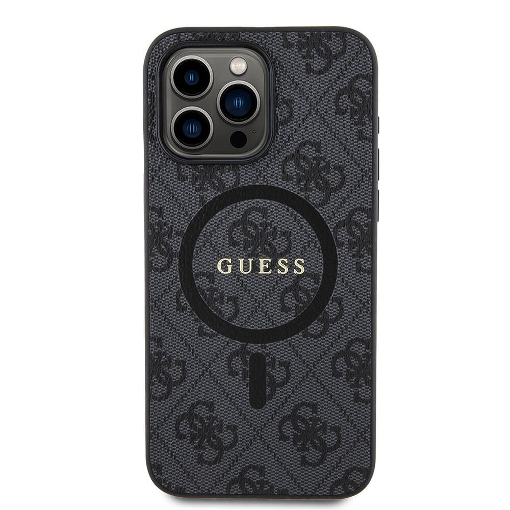 Apple iPhone 15 Pro Max Kılıf Guess Orjinal Lisanslı M-safe Şarj Özellikli PU Halkalı 4G Desenli Yazı Logolu Kapak