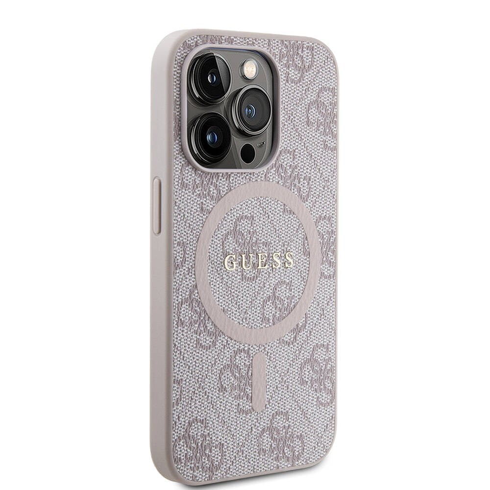 Apple iPhone 15 Pro Max Kılıf Guess Orjinal Lisanslı M-safe Şarj Özellikli PU Halkalı 4G Desenli Yazı Logolu Kapak