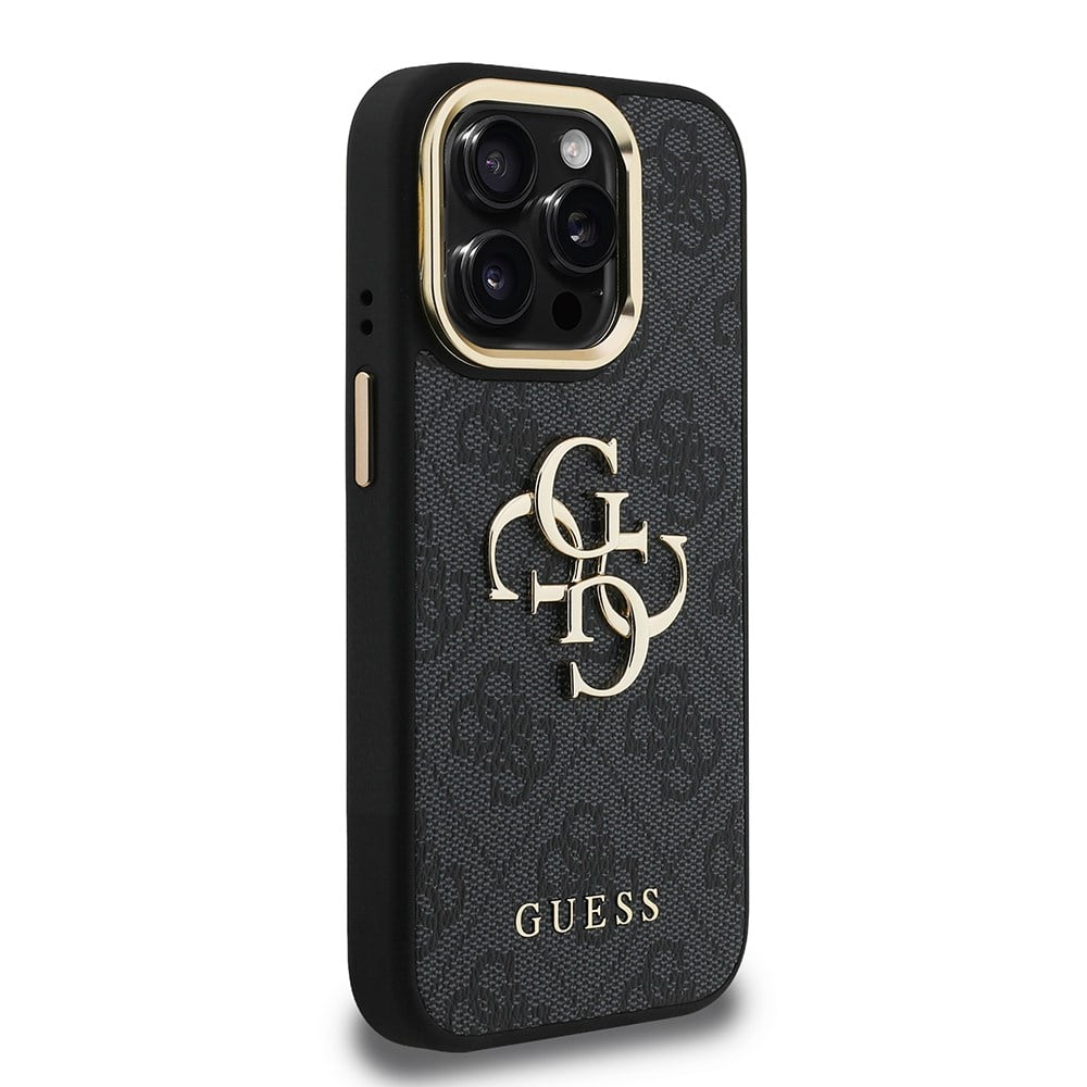 Apple iPhone 15 Pro Max Kılıf Guess Orjinal Lisanslı PU Deri 4G Desenli Metal Büyük 4G ve Yazı Logolu Kamera Standlı Kapak