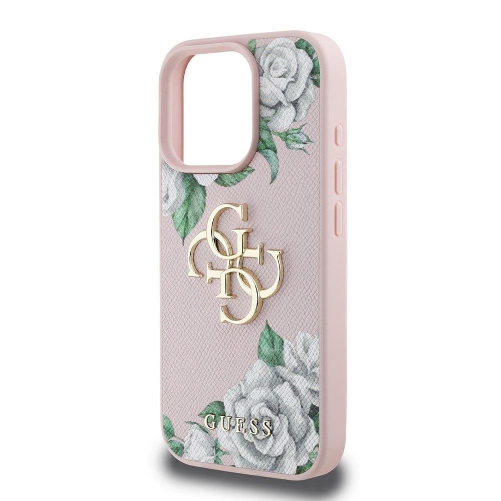 Apple iPhone 15 Pro Max Kılıf Guess Orjinal Lisanslı Gül Baskılı Büyük Metal Logo Dizaynlı Kapak