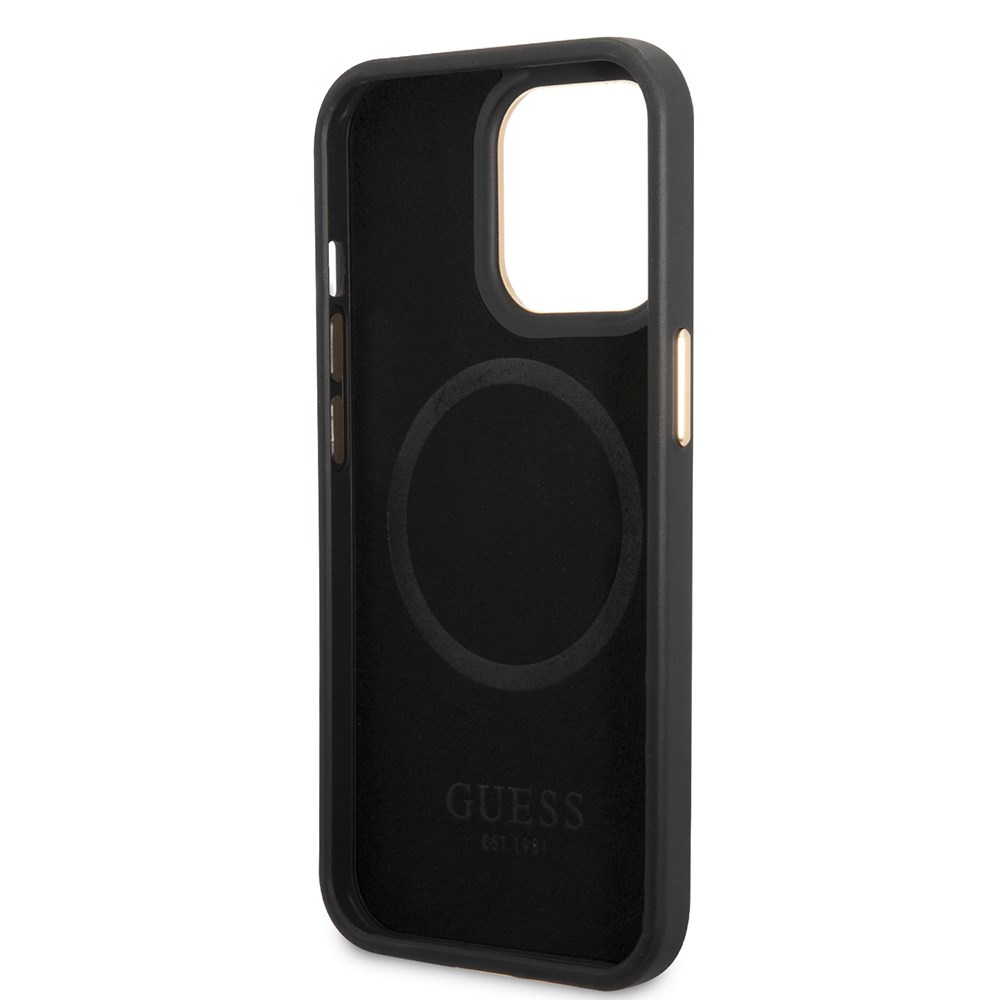 Apple iPhone 15 Pro Max Kılıf Guess Orjinal Lisanslı M-safe Şarj Özellikli 4G Desenli PU Metal Plaka Klasik Logolu Kapak