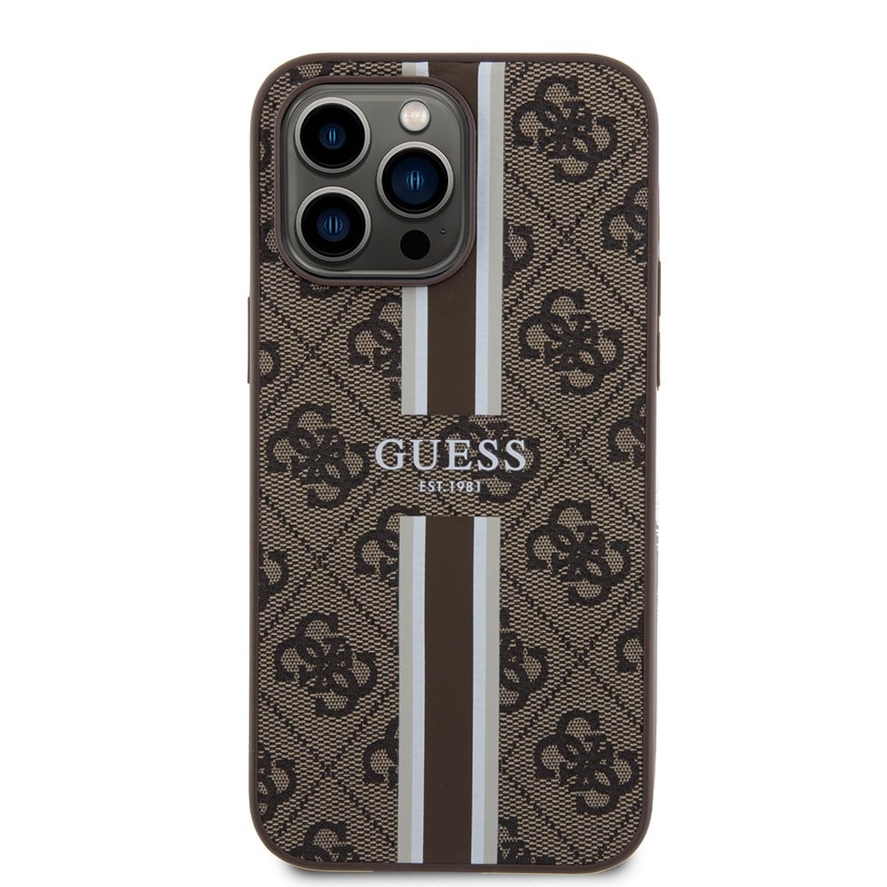 Apple iPhone 15 Pro Max Kılıf Guess Orjinal Lisanslı M-safe Şarj Özellikli 4G Şerit Tasarımlı Printed Kapak