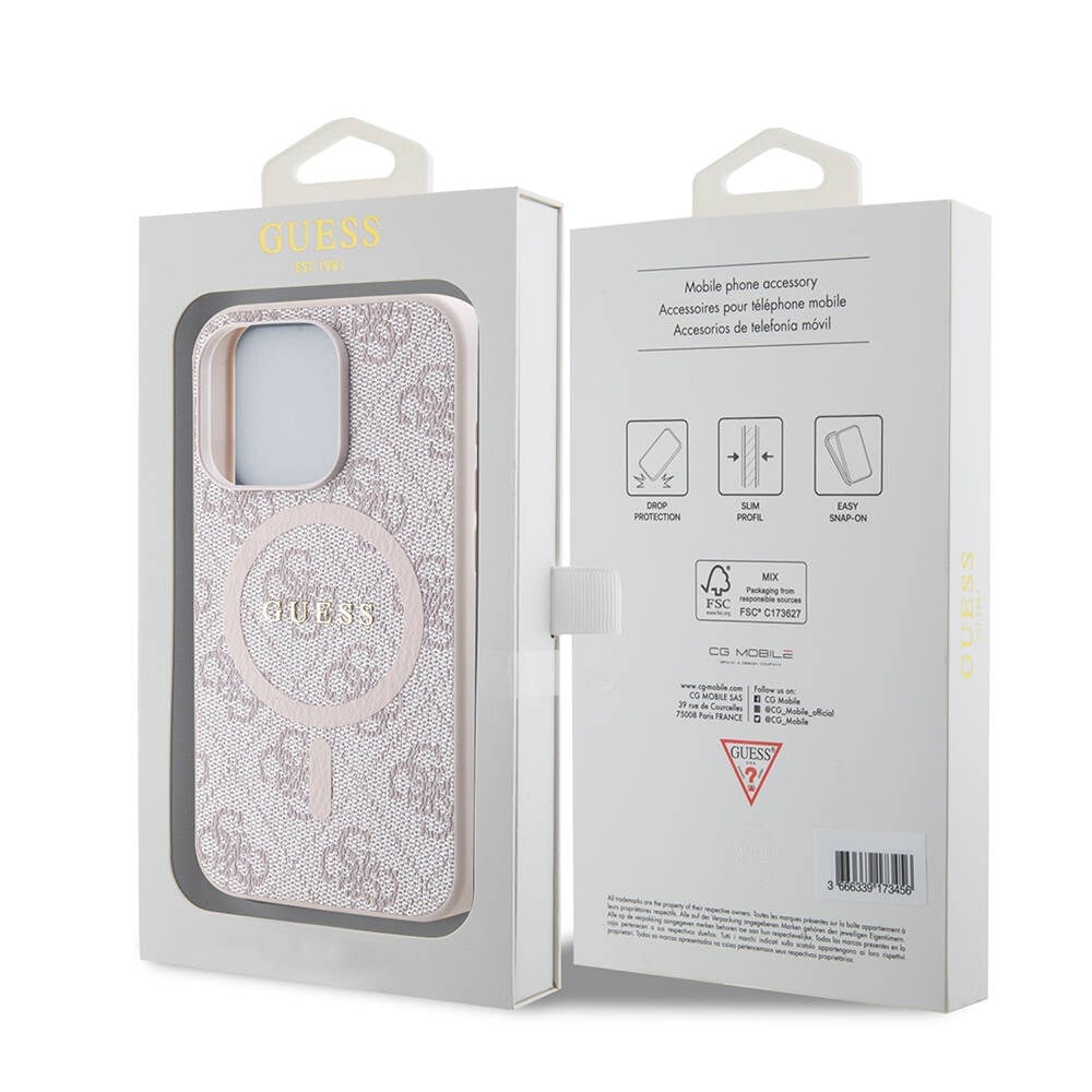 Apple iPhone 15 Pro Max Kılıf Guess Orjinal Lisanslı M-safe Şarj Özellikli PU Halkalı 4G Desenli Yazı Logolu Kapak