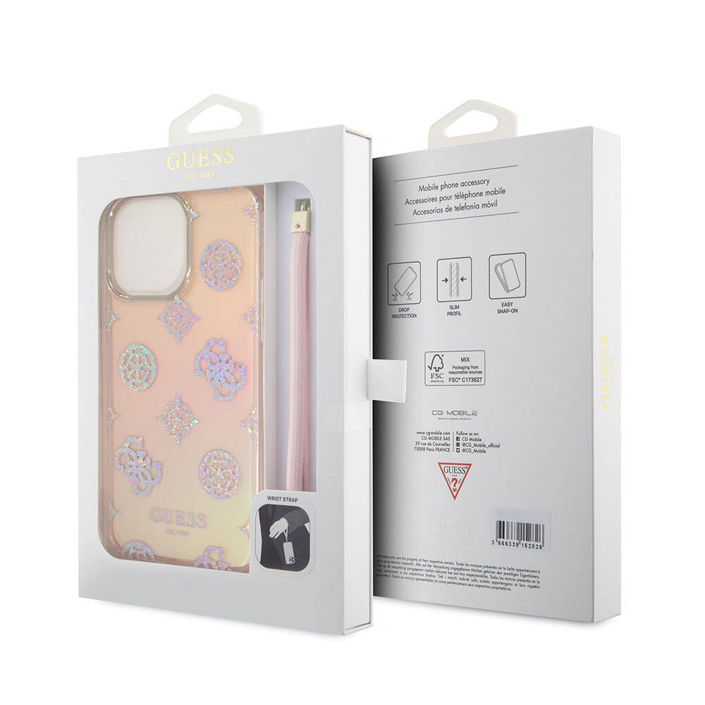 Apple iPhone 15 Pro Max Kılıf Guess Orjinal Lisanslı Desenli Yazı Logolu Askı İpli Holografik Glitter Peony Kapak