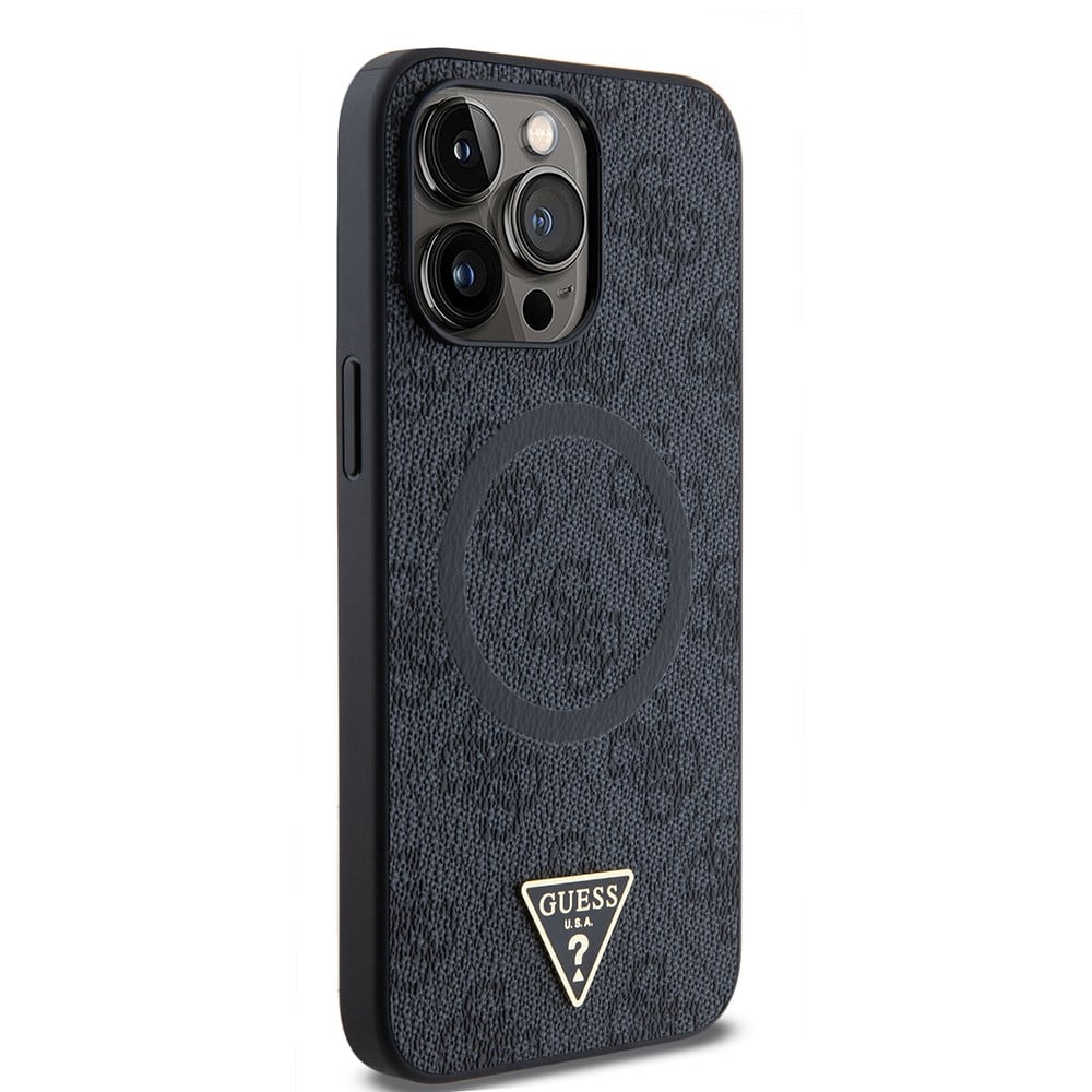 Apple iPhone 15 Pro Max Kılıf Guess Orjinal Lisanslı M-safe Şarj Özellikli PU Üçgen Logo 4G Desenli Kapak