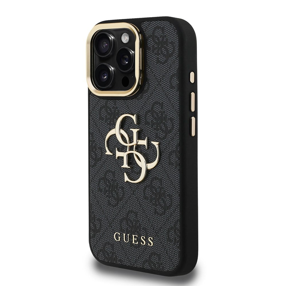 Apple iPhone 15 Pro Max Kılıf Guess Orjinal Lisanslı PU Deri 4G Desenli Metal Büyük 4G ve Yazı Logolu Kamera Standlı Kapak