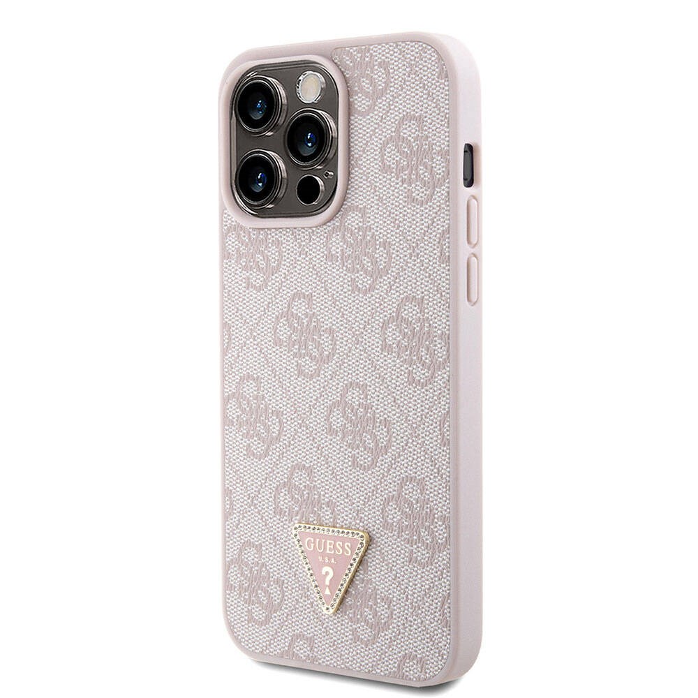 Apple iPhone 15 Pro Max Kılıf Guess Orjinal Lisanslı PU Deri Askılı Taşlı Üçgen Logo 4G Desenli Strass Crossbody Kapak