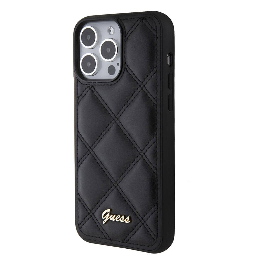 Apple iPhone 15 Pro Max Kılıf Guess Orjinal Lisanslı PU Deri Metal Yazı Logolu Kapitone Kapak