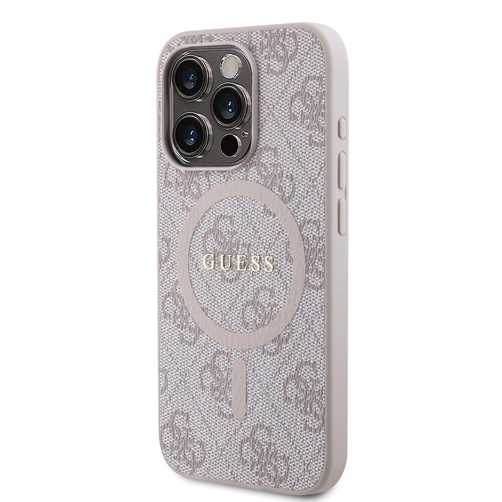 Apple iPhone 15 Pro Max Kılıf Guess Orjinal Lisanslı M-safe Şarj Özellikli PU Halkalı 4G Desenli Yazı Logolu Kapak