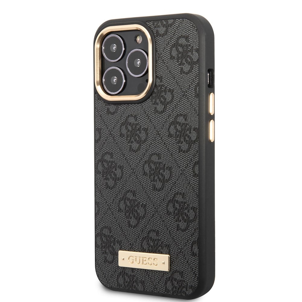 Apple iPhone 15 Pro Max Kılıf Guess Orjinal Lisanslı M-safe Şarj Özellikli 4G Desenli PU Metal Plaka Klasik Logolu Kapak