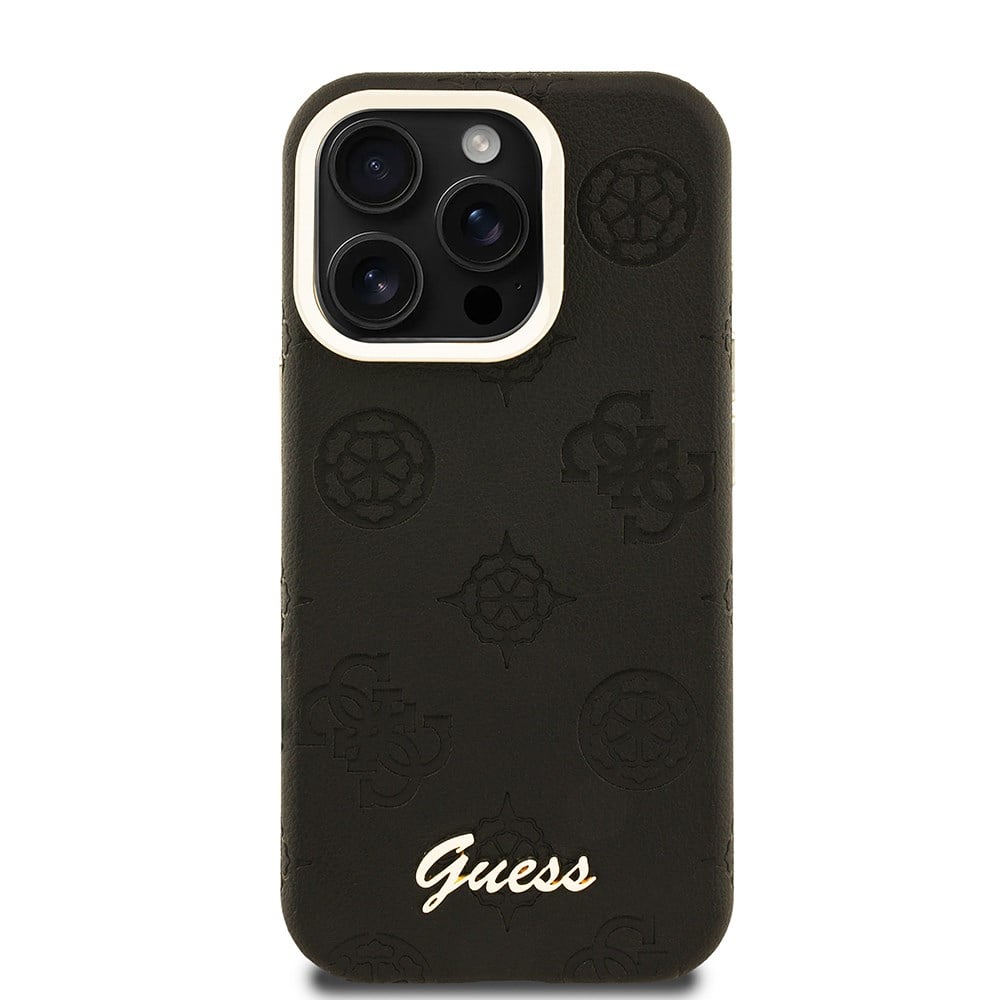 Apple iPhone 15 Pro Max Kılıf Guess Orjinal Lisanslı M-safe Şarj Özellikli Sıcak Baskılı Yazı Logolu Kamera Standlı PU Deri Peony Kapak