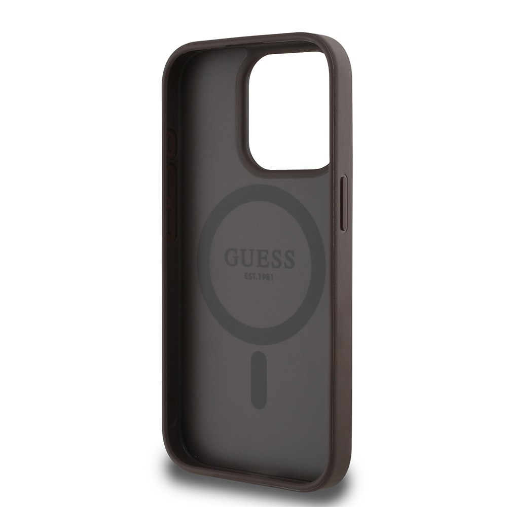 Apple iPhone 15 Pro Max Kılıf Guess Orjinal Lisanslı M-safe Şarj Özellikli Sıcak Baskılı Üçgen Logolu PU Deri Peony Kapak