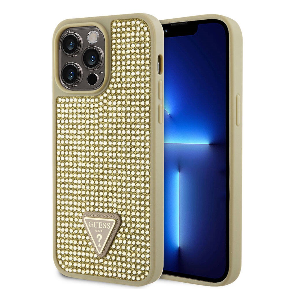 Apple iPhone 15 Pro Max Kılıf Guess Orjinal Lisanslı Taşlı Arka Yüzey Üçgen Logolu Kapak