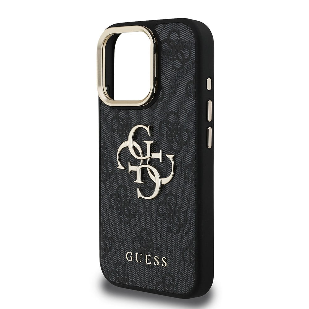 Apple iPhone 15 Pro Max Kılıf Guess Orjinal Lisanslı PU Deri 4G Desenli Metal Büyük 4G ve Yazı Logolu Kamera Standlı Kapak