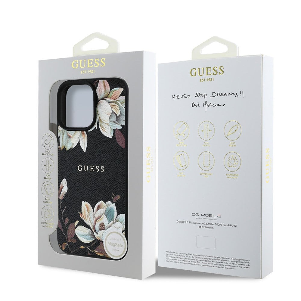Apple iPhone 15 Pro Max Kılıf Guess Orjinal Lisanslı M-safe Şarj Özellikli Taneli Çiçek Tasarımlı Metal Yazı Logolu Kapak