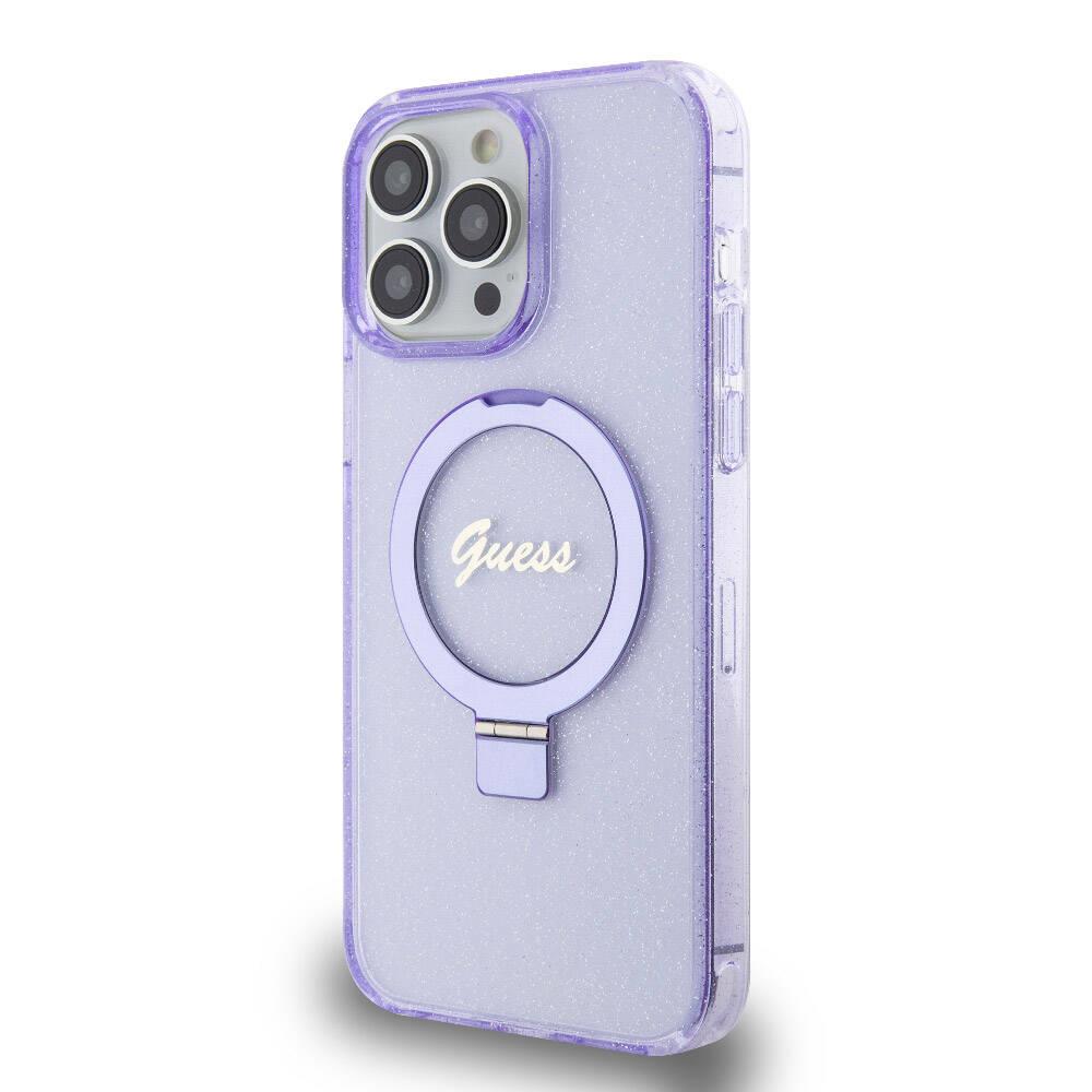 Apple iPhone 15 Pro Max Kılıf Guess Orjinal Lisanslı M-safe Şarj Özellikli Simli Arka Yüzey Ring Standlı Kapak
