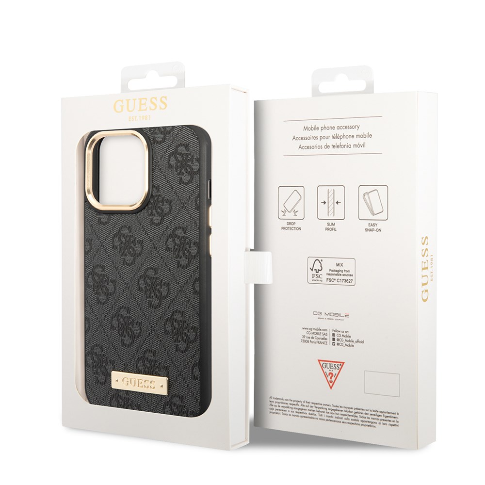 Apple iPhone 15 Pro Max Kılıf Guess Orjinal Lisanslı M-safe Şarj Özellikli 4G Desenli PU Metal Plaka Klasik Logolu Kapak