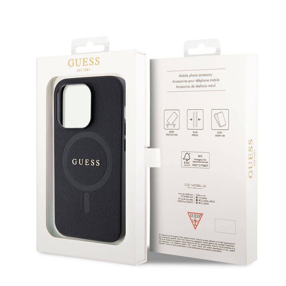 Apple iPhone 15 Pro Max Kılıf Guess Orjinal Lisanslı M-safe Şarj Özellikli Yazı Logolu Saffiano Kapak