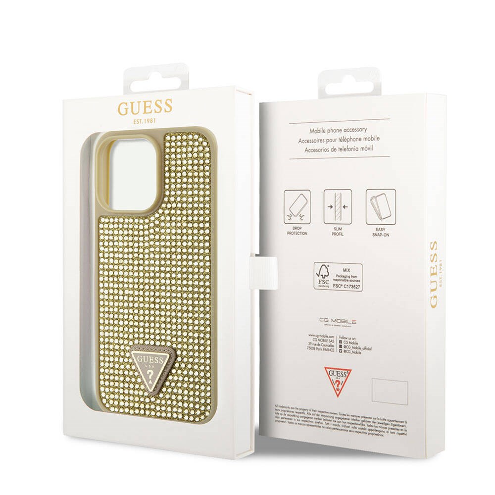 Apple iPhone 15 Pro Max Kılıf Guess Orjinal Lisanslı Taşlı Arka Yüzey Üçgen Logolu Kapak