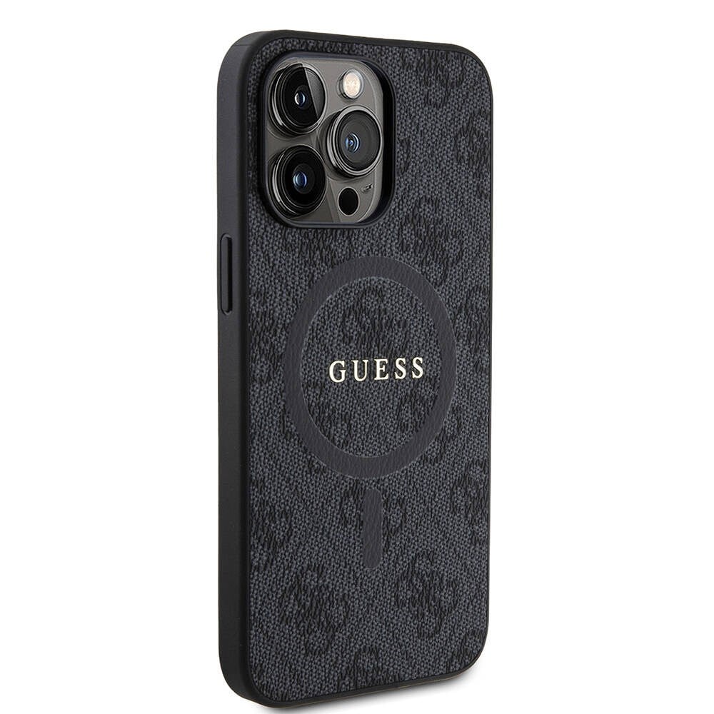 Apple iPhone 15 Pro Max Kılıf Guess Orjinal Lisanslı M-safe Şarj Özellikli PU Halkalı 4G Desenli Yazı Logolu Kapak