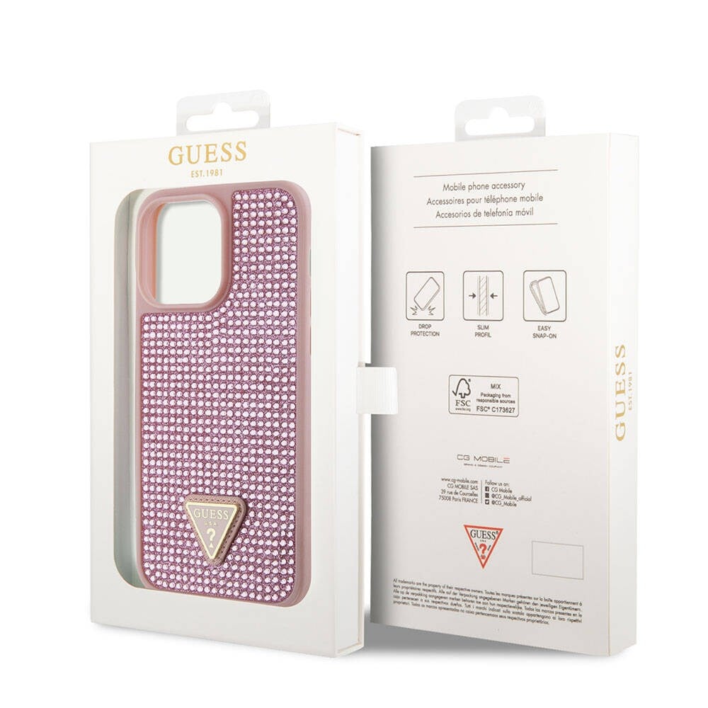 Apple iPhone 15 Pro Max Kılıf Guess Orjinal Lisanslı Taşlı Arka Yüzey Üçgen Logolu Kapak