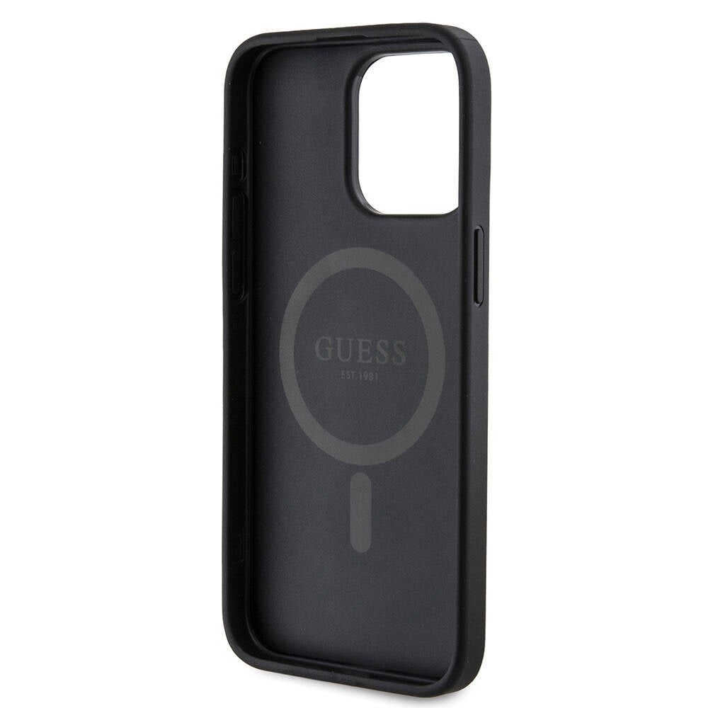 Apple iPhone 15 Pro Max Kılıf Guess Orjinal Lisanslı M-safe Şarj Özellikli PU Halkalı 4G Desenli Yazı Logolu Kapak