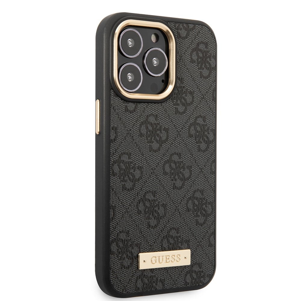 Apple iPhone 15 Pro Max Kılıf Guess Orjinal Lisanslı M-safe Şarj Özellikli 4G Desenli PU Metal Plaka Klasik Logolu Kapak