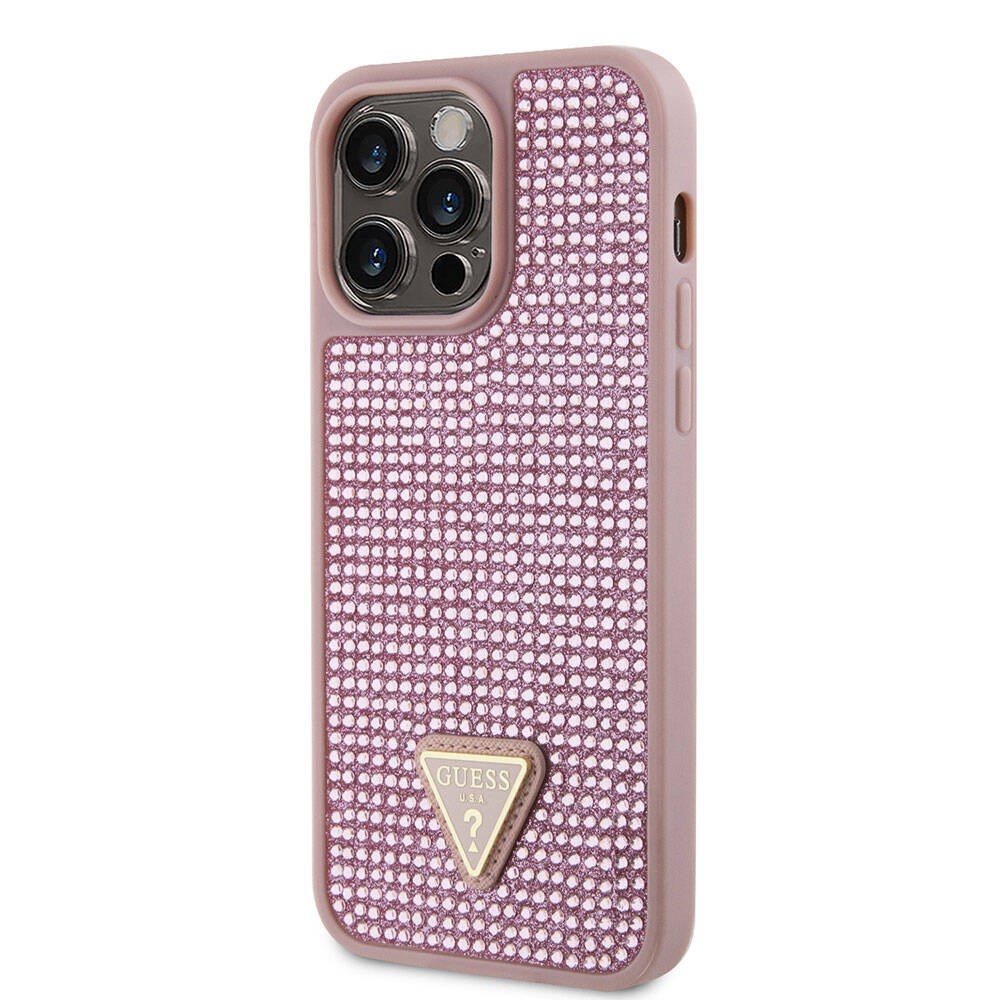 Apple iPhone 15 Pro Max Kılıf Guess Orjinal Lisanslı Taşlı Arka Yüzey Üçgen Logolu Kapak