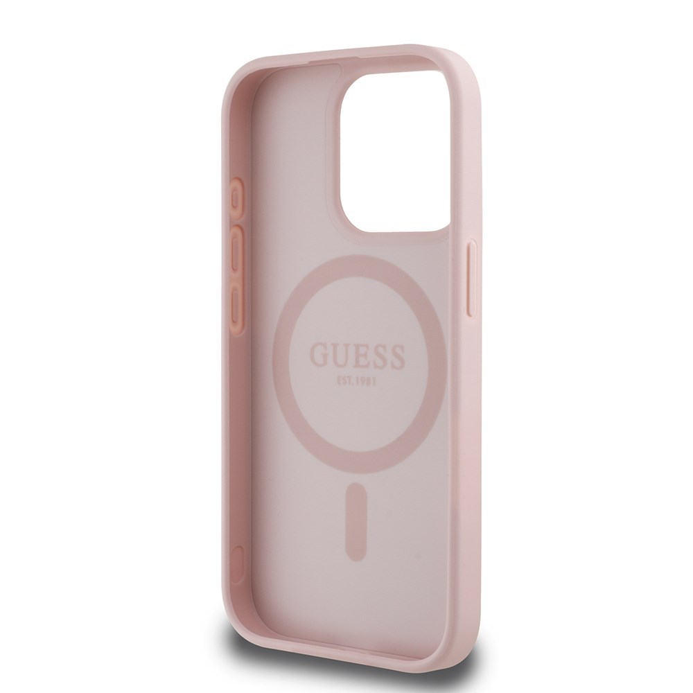 Apple iPhone 15 Pro Max Kılıf Guess Orjinal Lisanslı M-safe Şarj Özellikli Sıcak Baskılı Üçgen Logolu PU Deri Peony Kapak