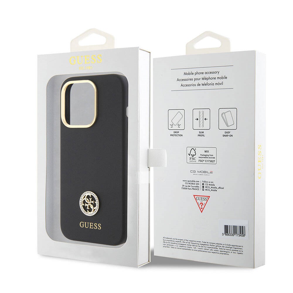 Apple iPhone 15 Pro Max Kılıf Guess Orjinal Lisanslı Yazı ve Taşlı 4G Logolu Metal Kamera Çerçeveli Silikon Kapak