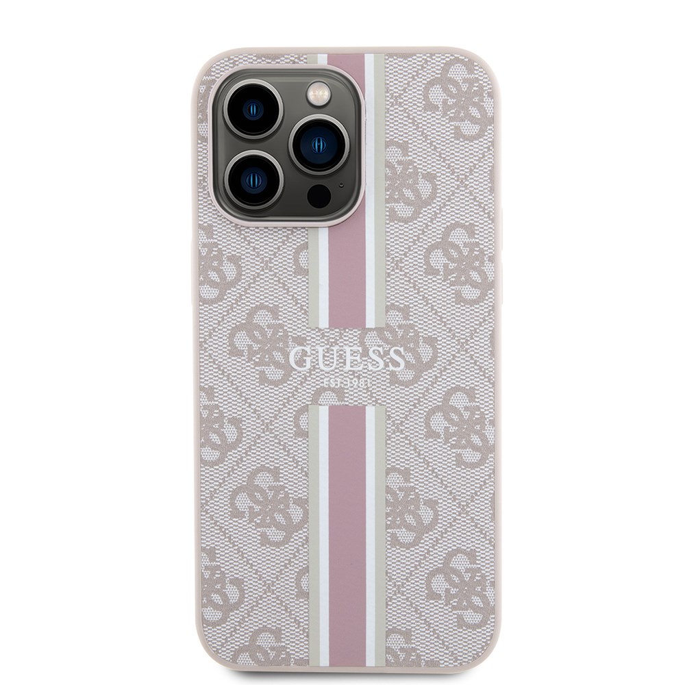 Apple iPhone 15 Pro Max Kılıf Guess Orjinal Lisanslı M-safe Şarj Özellikli 4G Şerit Tasarımlı Printed Kapak
