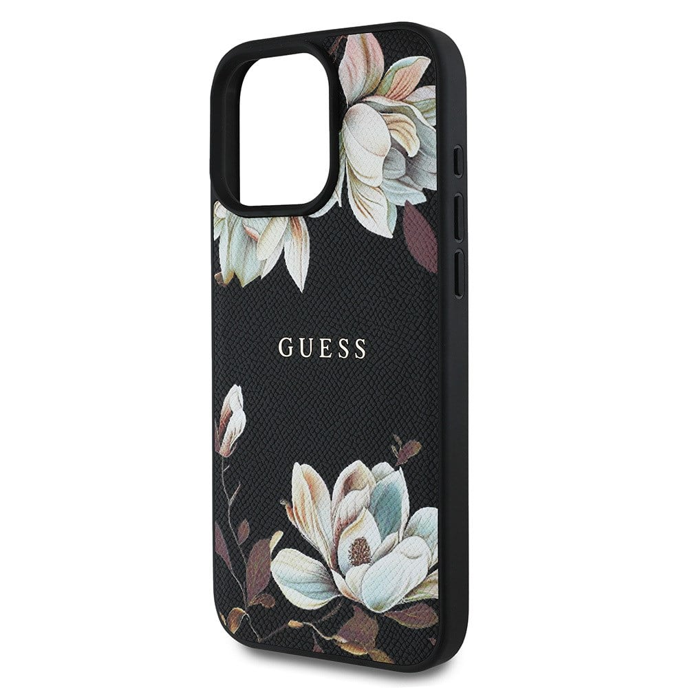 Apple iPhone 15 Pro Max Kılıf Guess Orjinal Lisanslı M-safe Şarj Özellikli Taneli Çiçek Tasarımlı Metal Yazı Logolu Kapak