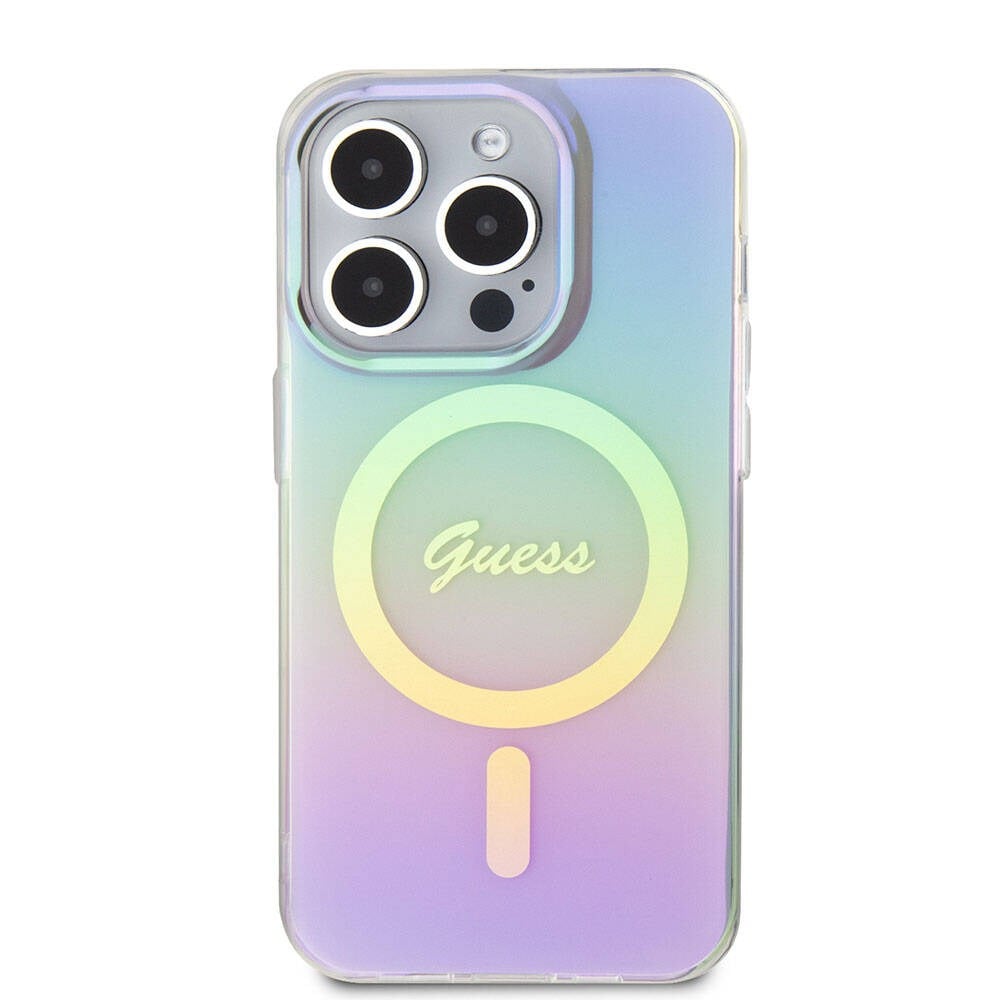 Apple iPhone 15 Pro Max Kılıf Guess Orjinal Lisanslı M-safe Şarj Özellikli Yazı Logolu Iridescent Kapak