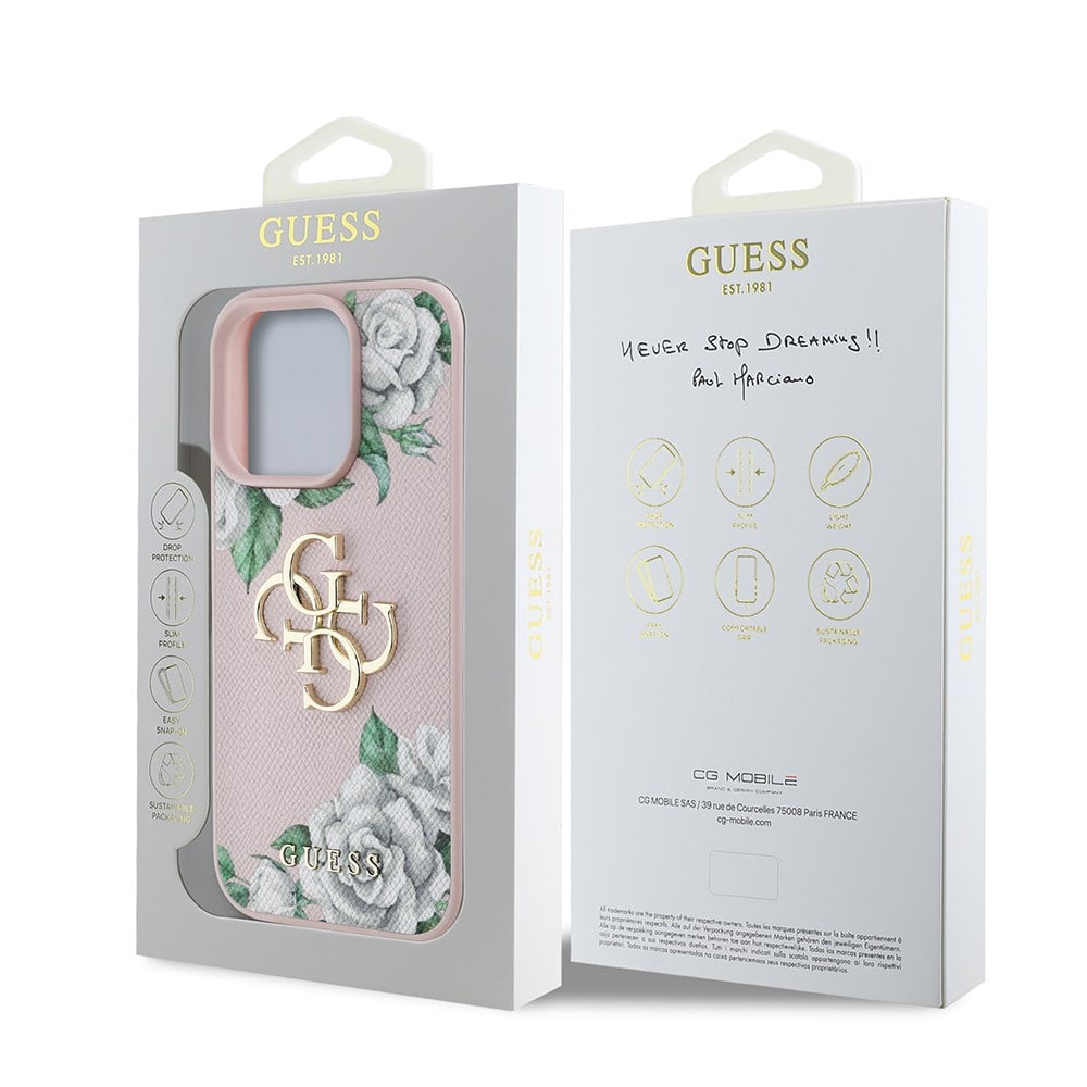 Apple iPhone 15 Pro Max Kılıf Guess Orjinal Lisanslı Gül Baskılı Büyük Metal Logo Dizaynlı Kapak