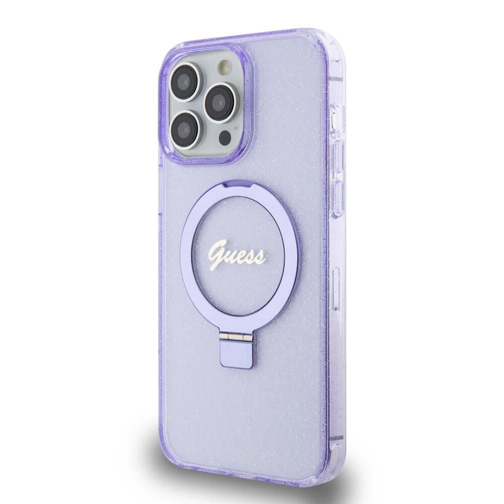 Apple iPhone 15 Pro Max Kılıf Guess Orjinal Lisanslı M-safe Şarj Özellikli Simli Arka Yüzey Ring Standlı Kapak