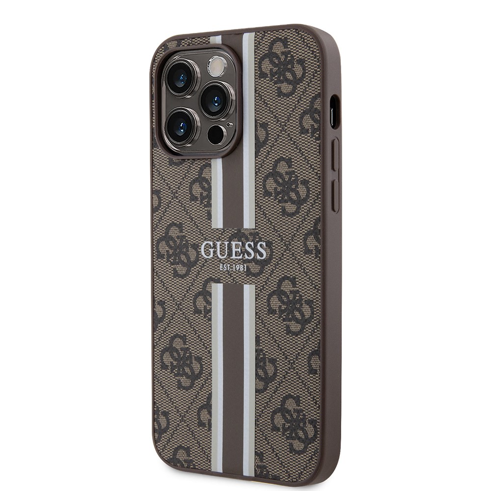 Apple iPhone 15 Pro Max Kılıf Guess Orjinal Lisanslı M-safe Şarj Özellikli 4G Şerit Tasarımlı Printed Kapak