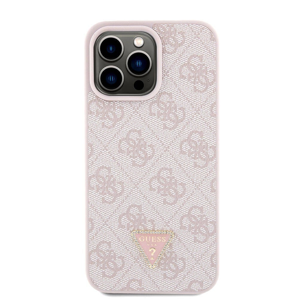 Apple iPhone 15 Pro Max Kılıf Guess Orjinal Lisanslı PU Deri Askılı Taşlı Üçgen Logo 4G Desenli Strass Crossbody Kapak