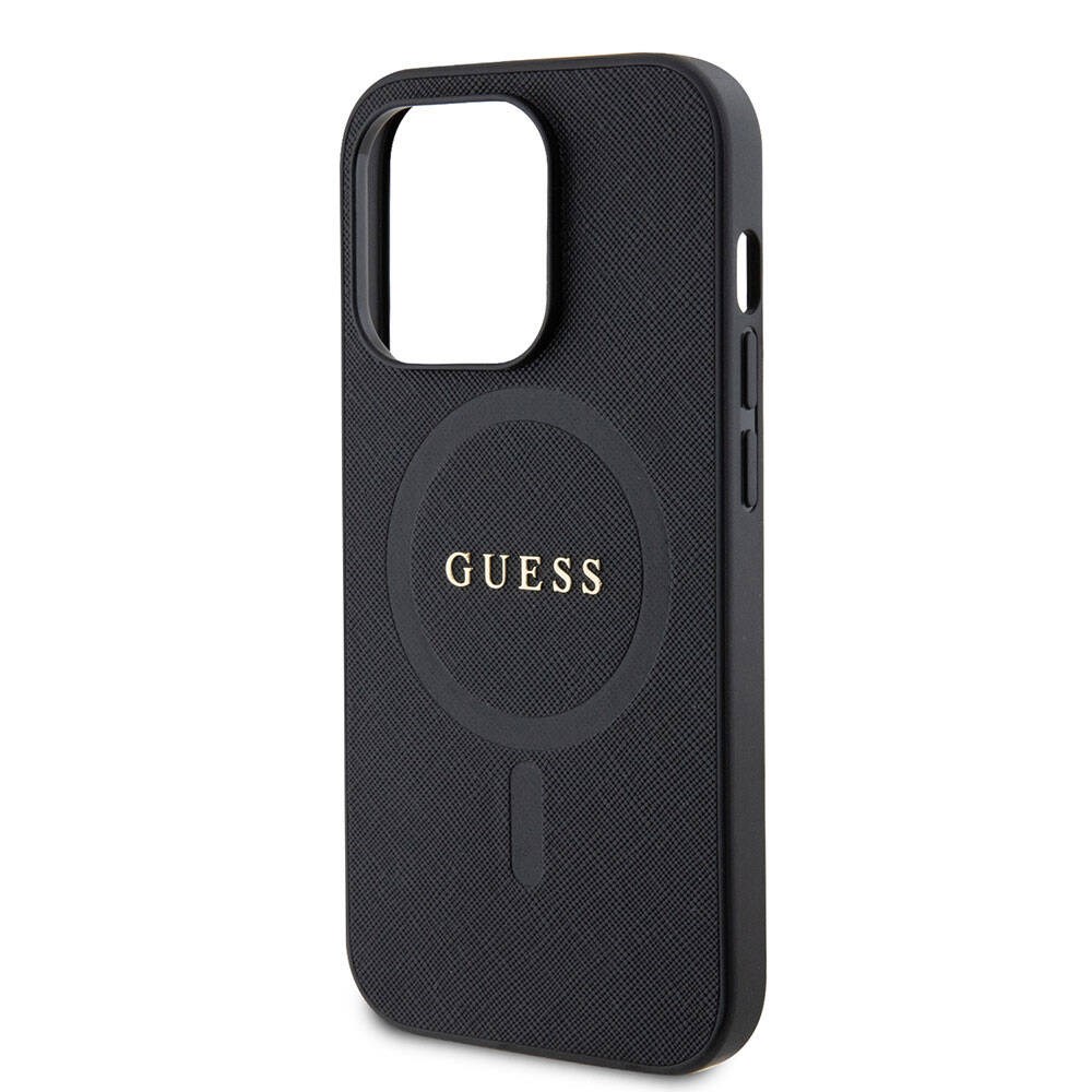 Apple iPhone 15 Pro Max Kılıf Guess Orjinal Lisanslı M-safe Şarj Özellikli Yazı Logolu Saffiano Kapak