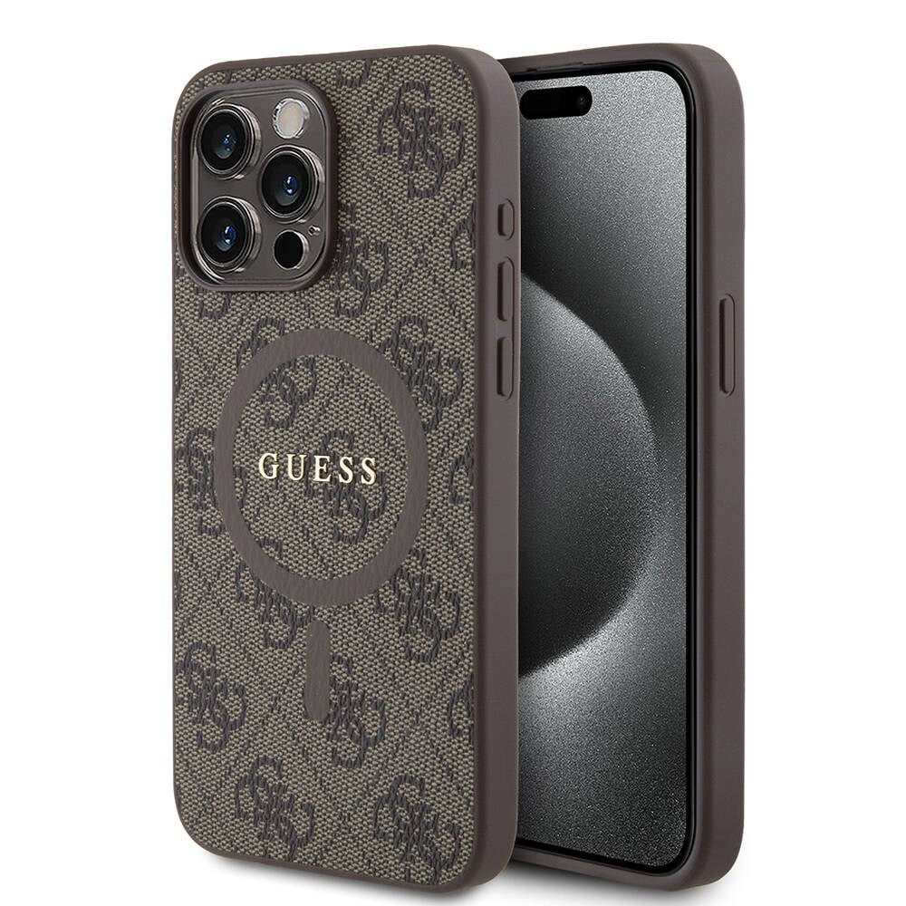 Apple iPhone 15 Pro Max Kılıf Guess Orjinal Lisanslı M-safe Şarj Özellikli PU Halkalı 4G Desenli Yazı Logolu Kapak