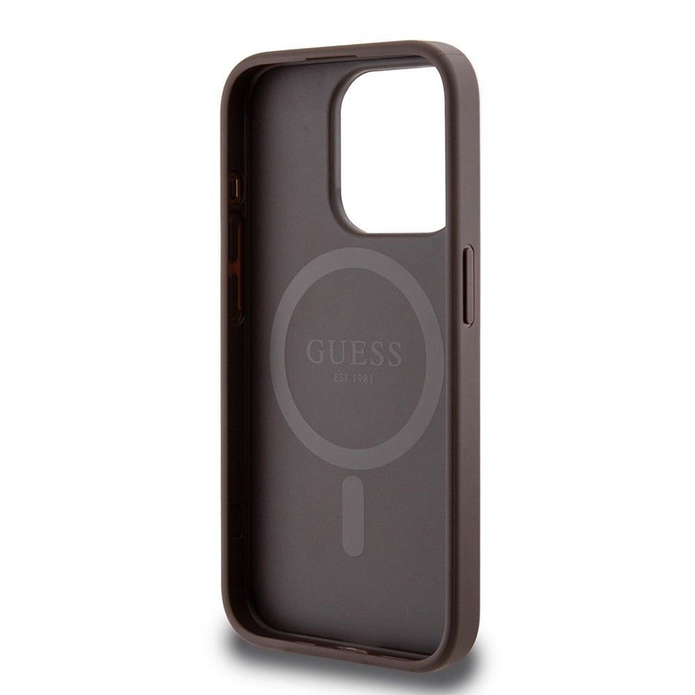 Apple iPhone 15 Pro Max Kılıf Guess Orjinal Lisanslı M-safe Şarj Özellikli PU Üçgen Logo 4G Desenli Kapak