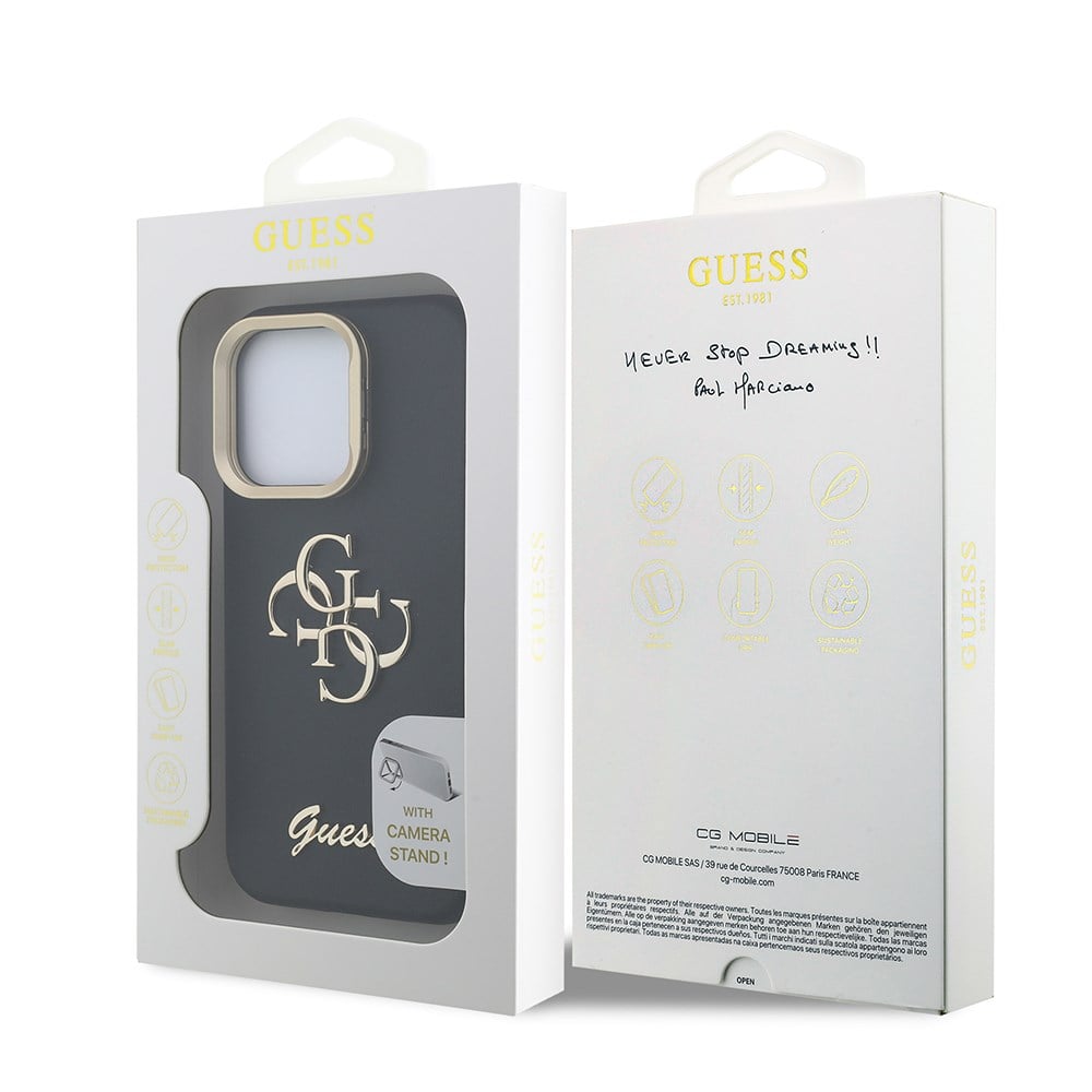 Apple iPhone 15 Pro Max Kılıf Guess Orjinal Lisanslı Grained Yazı Logolu Kamera Standlı Kapak