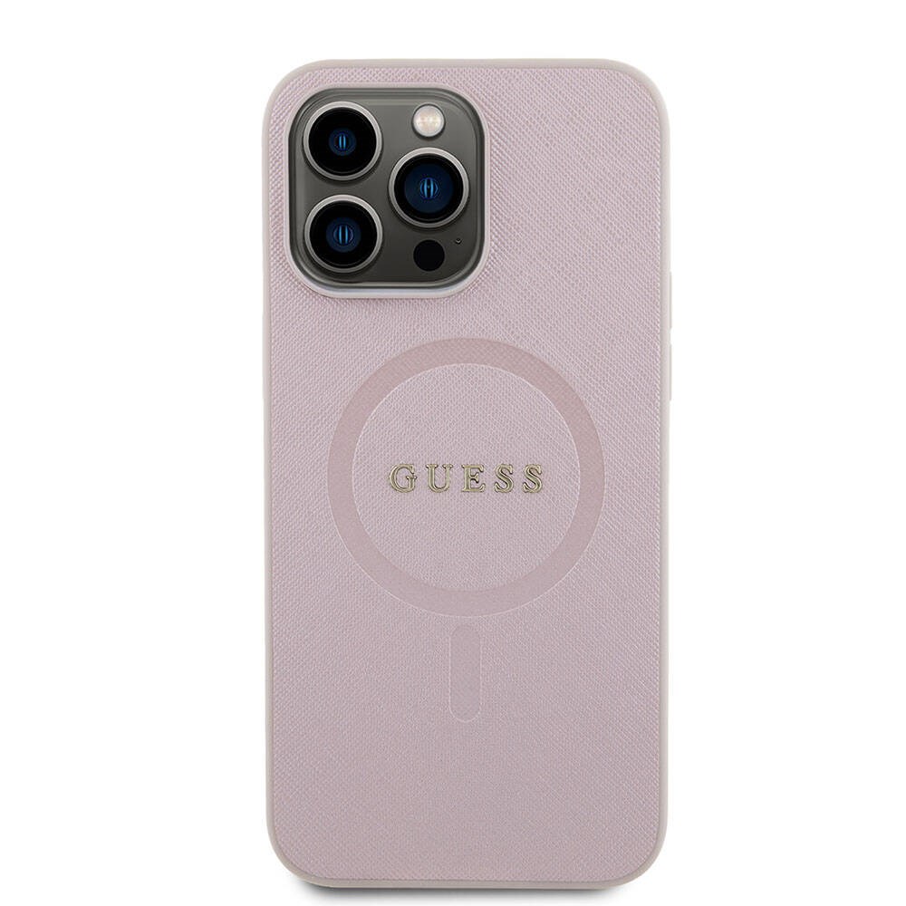 Apple iPhone 15 Pro Max Kılıf Guess Orjinal Lisanslı M-safe Şarj Özellikli Yazı Logolu Saffiano Kapak