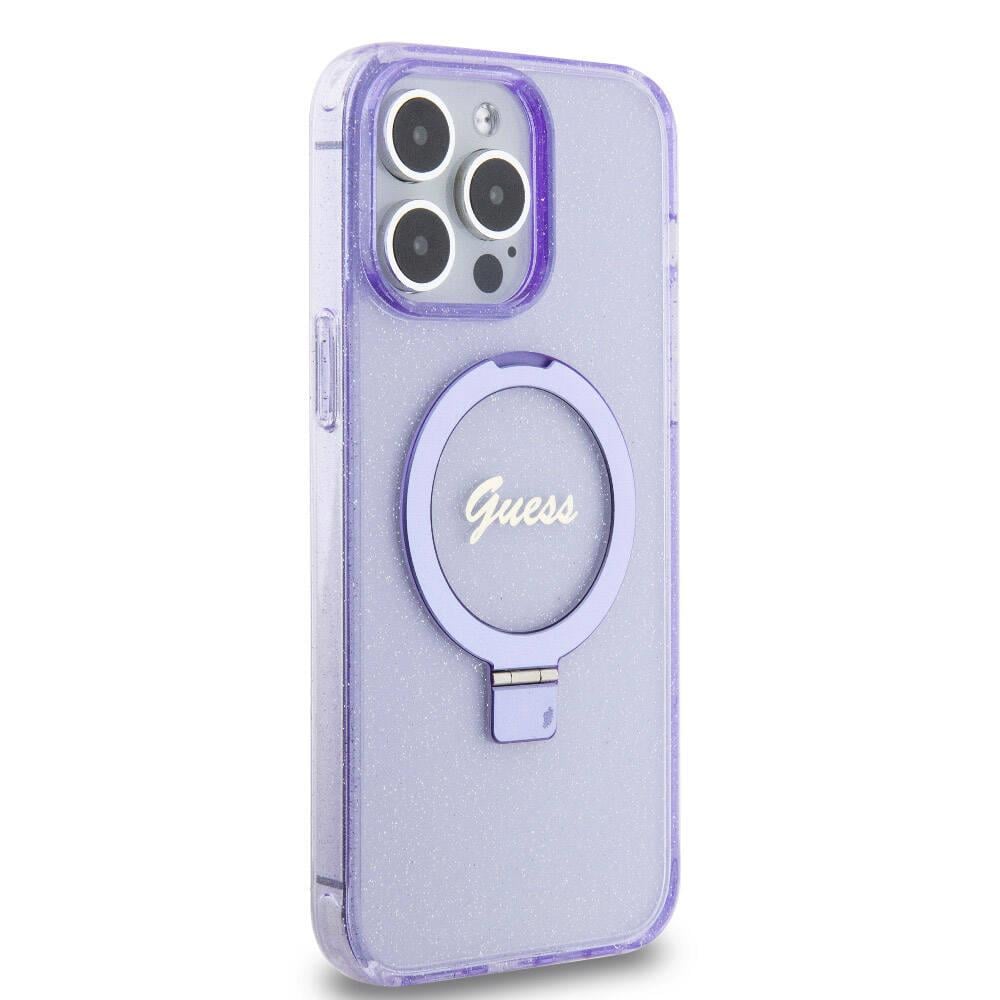 Apple iPhone 15 Pro Max Kılıf Guess Orjinal Lisanslı M-safe Şarj Özellikli Simli Arka Yüzey Ring Standlı Kapak