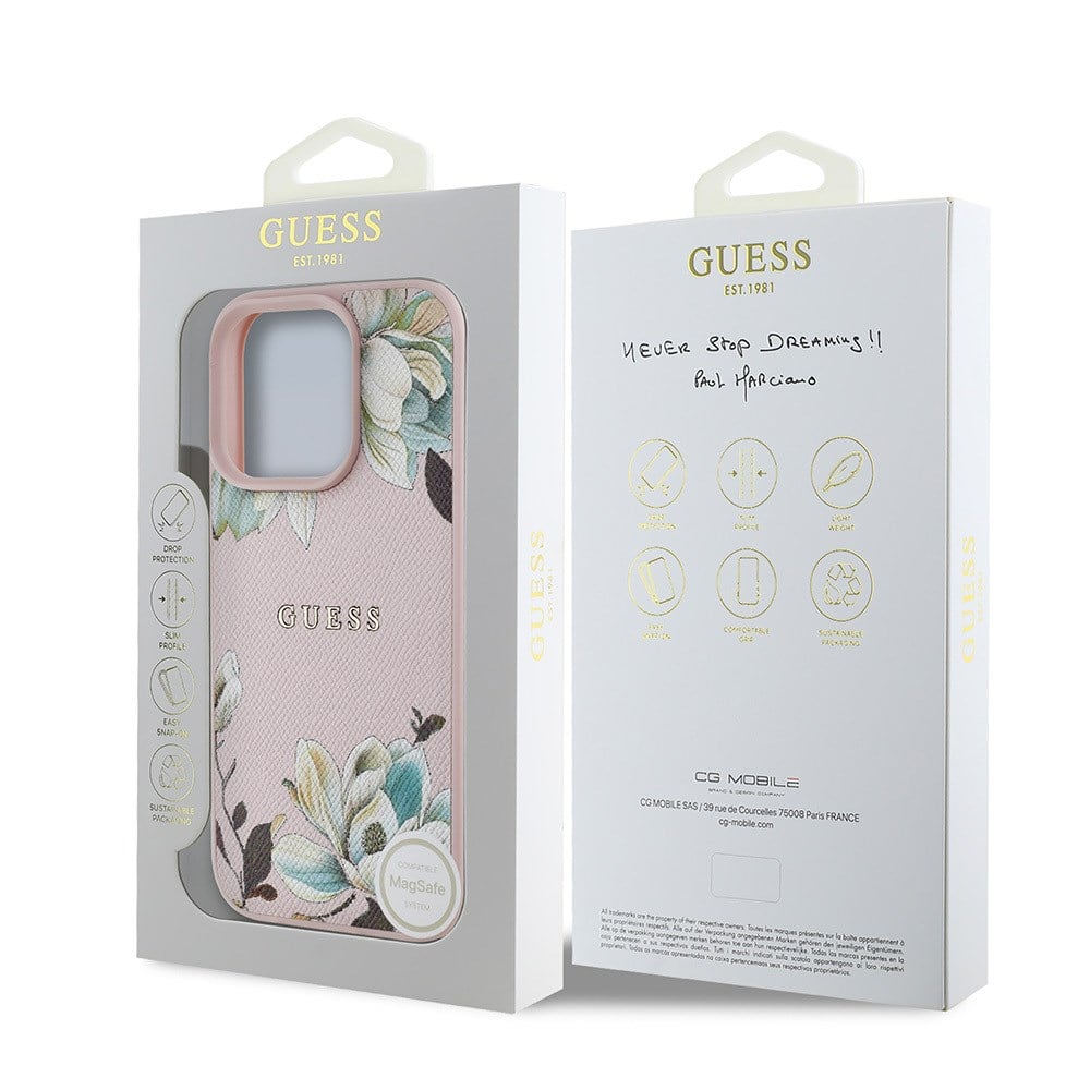 Apple iPhone 15 Pro Max Kılıf Guess Orjinal Lisanslı M-safe Şarj Özellikli Taneli Çiçek Tasarımlı Metal Yazı Logolu Kapak