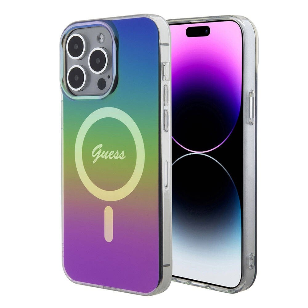 Apple iPhone 15 Pro Max Kılıf Guess Orjinal Lisanslı M-safe Şarj Özellikli Yazı Logolu Iridescent Kapak